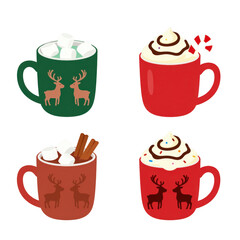 Obraz premium Festive holiday mugs with reindeer designs and whipped cream