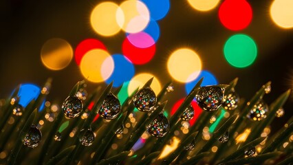 Photo of closeup of water droplets on pine needles reflecting colorful bokeh christmas lights