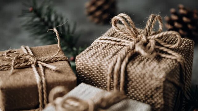 Three brown boxes with brown ribbons tied to them. A pine cone is on the right. Macro shot of eco gift boxes tied with jute string, minimal rustic Christmas wrapping concept, eco rustic christmas home
