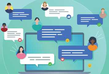 ウェブコミュニケーション　オンライン交流と人々のイラスト　ノートパソコンとチャット