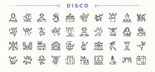 Disco icon set. Contains related to sound, instrument, melody, music, dj, music, musical and more. Dj linear icon set. Thin icons set. Vector illustration. Pixel perfect.