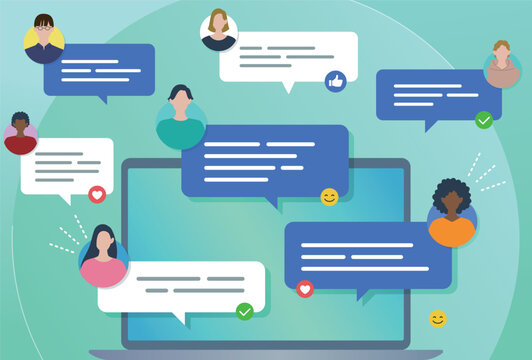 ウェブコミュニケーション　オンライン交流と人々のイラスト　ノートパソコンとチャット