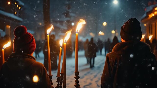 Couple holding candles during an orthodox Christmas procession at night in a snowy town
