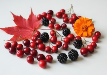 A vibrant autumn arrangement of red berries, blackberries, and a marigold flower