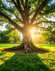 A majestic old tree bathed in sunlight on a bright, green lawn