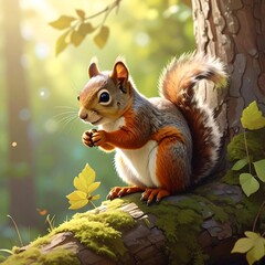 Obraz premium A fluffy rodent with reddish fur and a bushy tail sits on a mossy branch, holding food in its paws, with a bright forest background