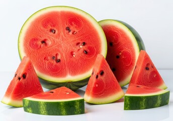 Fresh watermelon slices on a white background, juicy and refreshing summer fruit