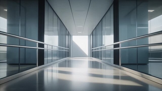 Ultra realistic modern corridor interior with glass walls reflections sleek architectural walkthrough scene