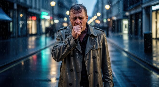 Gloomy day depiction of an unwell man walking down a rain-soaked city street