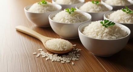 Closeup of cooked white rice in bowls and a wooden spoon on a rustic table