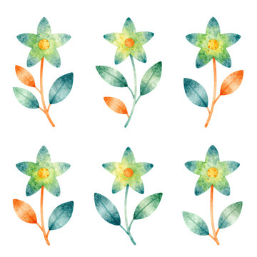 Six hand-painted starflowers in soft teal and orange tones
