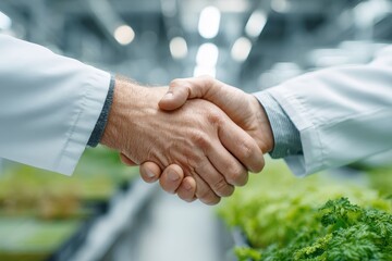 Professional Handshake Between Two Scientists in Laboratory Greenhouse Setting