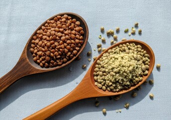 Two wooden spoons filled with buckwheat groats and green peas on a textured surface