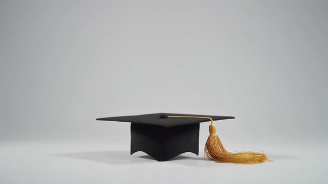 Isolated graduation cap tossed slowly against white studio background academic success celebration