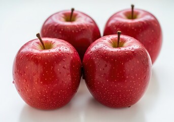 Four ripe red apples with water droplets isolated on white background