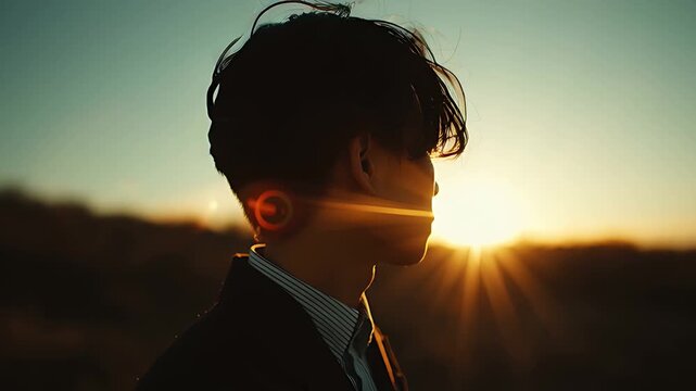 夕日を背景にした男性のシルエット、力強さと孤独が同居するポートレート