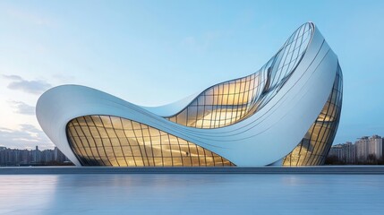 Futuristic White Curved Waterfront Building with Glass Facade Illuminated at Dusk