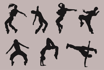 Collection of dynamic black hip hop dance silhouettes showcasing various energetic street style moves and poses