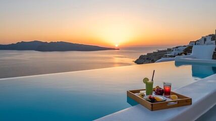 Luxury infinity pool with sunset ocean travel view
