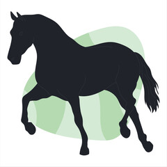 Dark silhouette of a majestic horse in motion against a soft abstract pale green background graphic design
