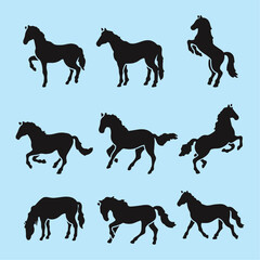 Collection of nine black horse silhouettes displaying various dynamic poses against a pale blue background