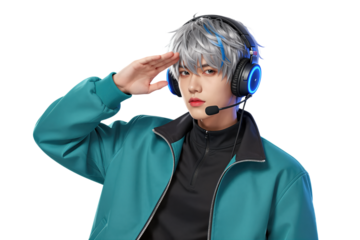 Young Asian man wearing headset and green jacket