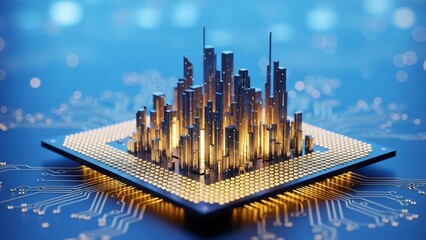 Cityscape on Microchip Circuit Board.