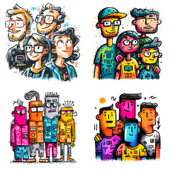 Obraz premium Colorful cartoon people illustration set with expressive faces and bold outfits perfect for social themes education character design storytelling and playful creative visuals.