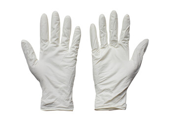 Obraz premium Two white latex gloves displayed with open palms, offering protection and safety for medical, laboratory, or cleaning tasks, isolated on white background