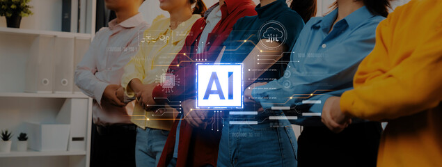 A diverse group of professionals stand confidently in a modern office, symbolizing teamwork and the...