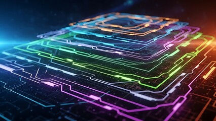 Futuristic circuit board layers glowing with neon technology