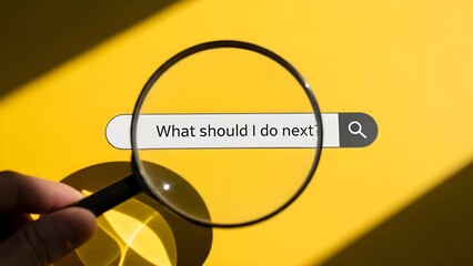 Hand holding magnifying glass over search bar asking 'What should I do next?' on yellow background