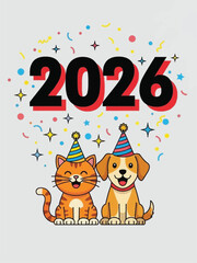Obraz premium Cute Cat and Dog Celebrating New Year 2026 Together.