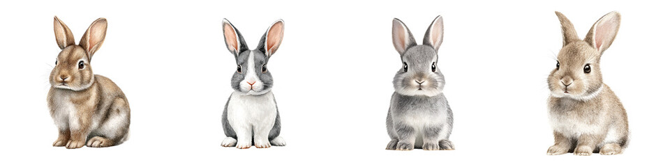 Fototapeta premium Watercolor Illustration of Four Cute Rabbits on White Background