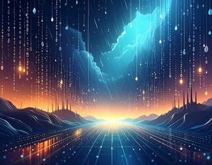 A digital landscape under a dramatic sky, glowing light and rain