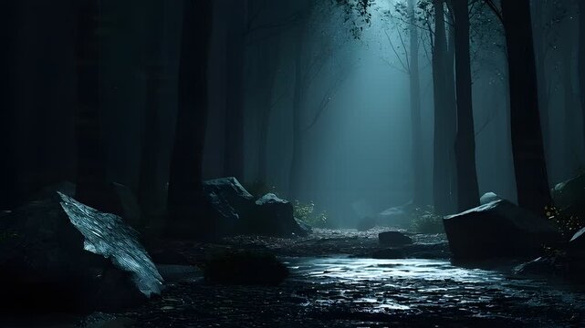 Mysterious forest path illuminated by moonlight in a dark woodland