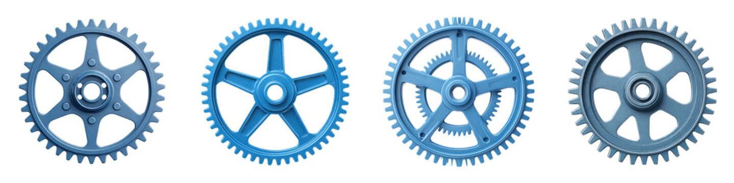 Set of Four Blue Metal Gears on White Background