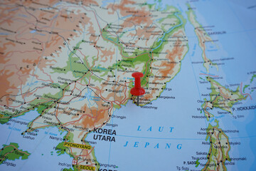 Obraz premium View of Vostochny Cosmodrome, Russian spaceport in the Amur Oblast, marked with red pushpin
