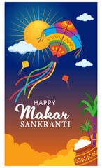 Happy Makar Sankranti Kite Festival Vertical Banner Vector