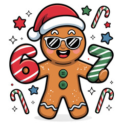 A cartoon illustration of a gingerbread man wearing
a red Santa hat with white trim and black sunglasses