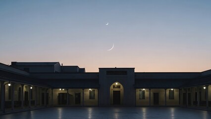 Evening view of a beautiful building with lights and a crescent moon in the sky.