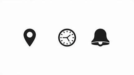 Modern black icons for digital interfaces, featuring a location pin, a clock, and a notification bell, ideal for mobile apps and website design