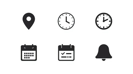A collection of icons representing location, time, and reminders, perfect for digital interfaces and planning tools