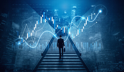A professional man ascends a staircase symbolizing progress in a modern city, complemented by...