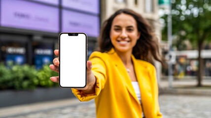 Young woman taking selfie with smartphone in city street
