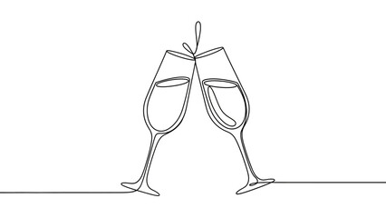 Minimalist line art of two champagne glasses clinking together in celebration © Azizi