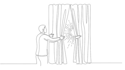 Man reveals bright light shining through parting curtains in a minimalist line art style