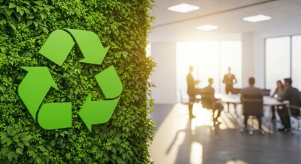 Green recycle symbol decorates office wall. Eco-friendly office space with team meeting. Sustainable workplace promotes waste management. Eco conscious company culture