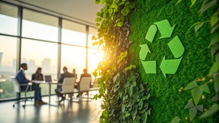 Green recycle symbol decorates office wall. Eco-friendly office space with team meeting. Sustainable workplace promotes waste management. Eco conscious company culture. Eco symbol on living wall.
