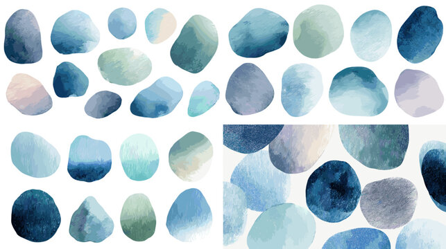 Abstract watercolor stone and pebble illustration set with soft blue tones perfect for backgrounds modern design textures calming visuals and creative artistic compositions.